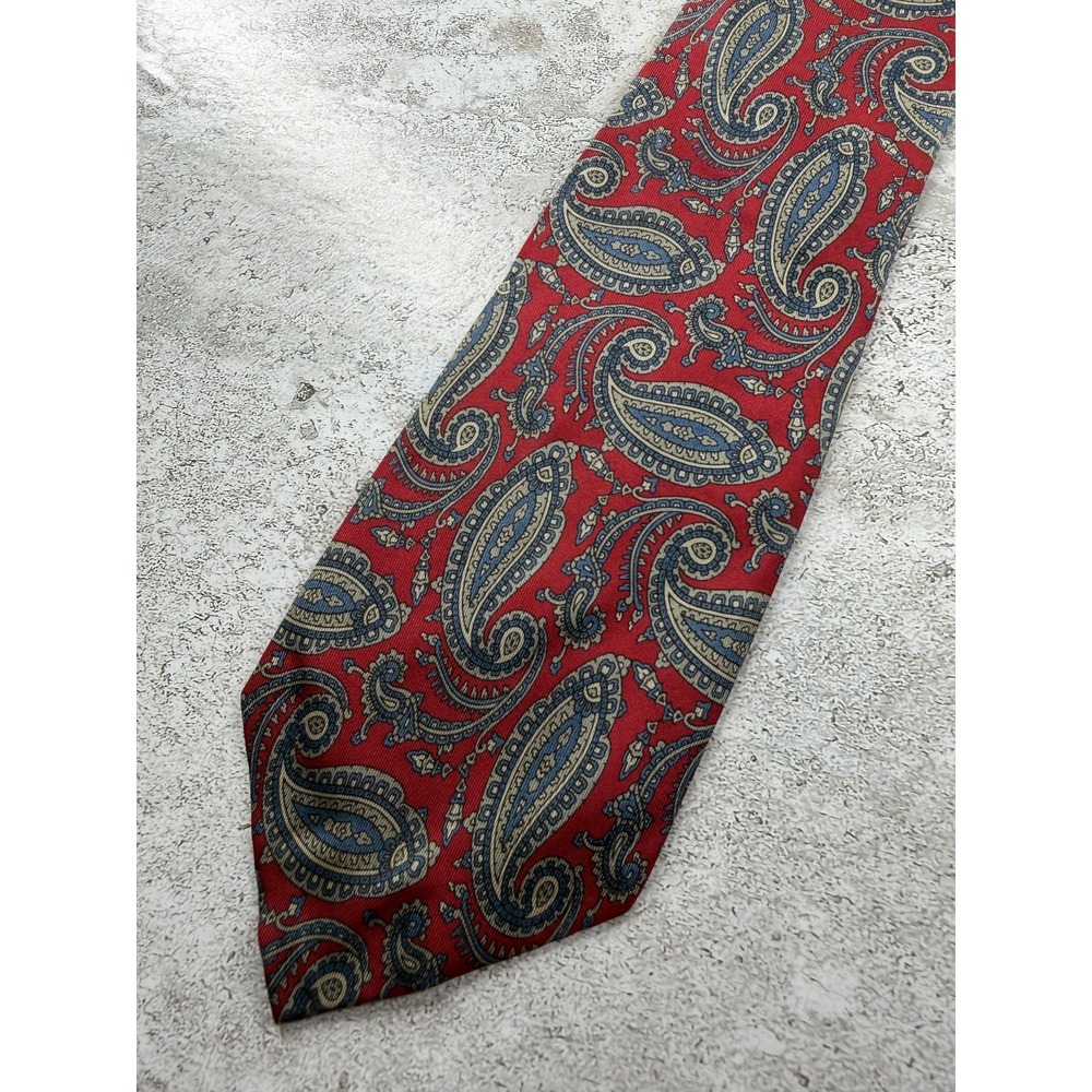 Hardy Amies Tie Mens One Size Red 100% Silk Paisley Jacquard Pointed Necktie VTG